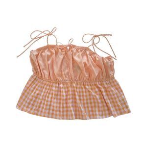 Forever 21 Gingham Tie Strap Peplum Top Orange Pink Check Ruffle Babydoll Blouse